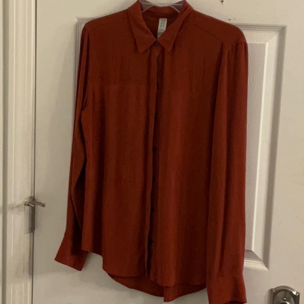 SPANX Brown Button Down Shirt with Notched Collar